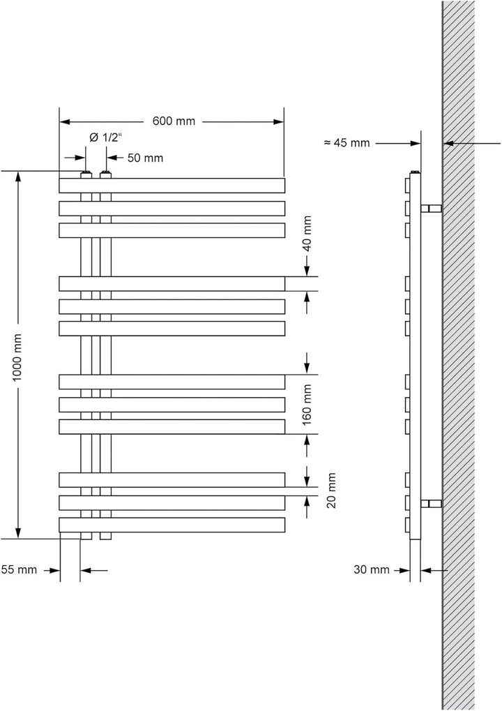 ECD Germany Iron EM Design Badheizkörper Elektrisch mit Heizstab 600 W - 600 x 1000 mm - Anthrazit -