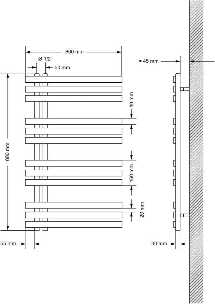 ECD Germany Iron EM Design Badheizkörper Elektrisch 600 x 1000 mm Weiss mit Heizstab 300W Weiss Gros