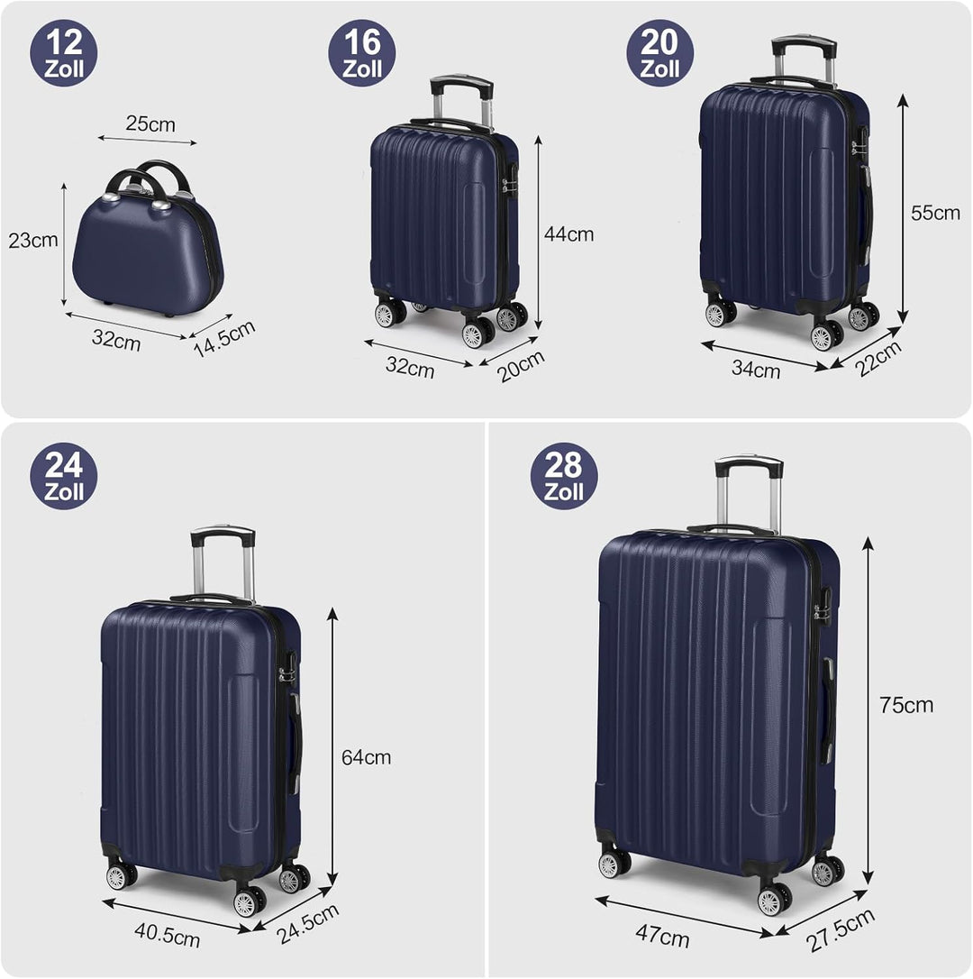 LEADZM Kofferset 5 teilig mit Kosmetikkoffer, Koffer Set Hartschalen-Trolley aus ABS, Reisekoffer Se
