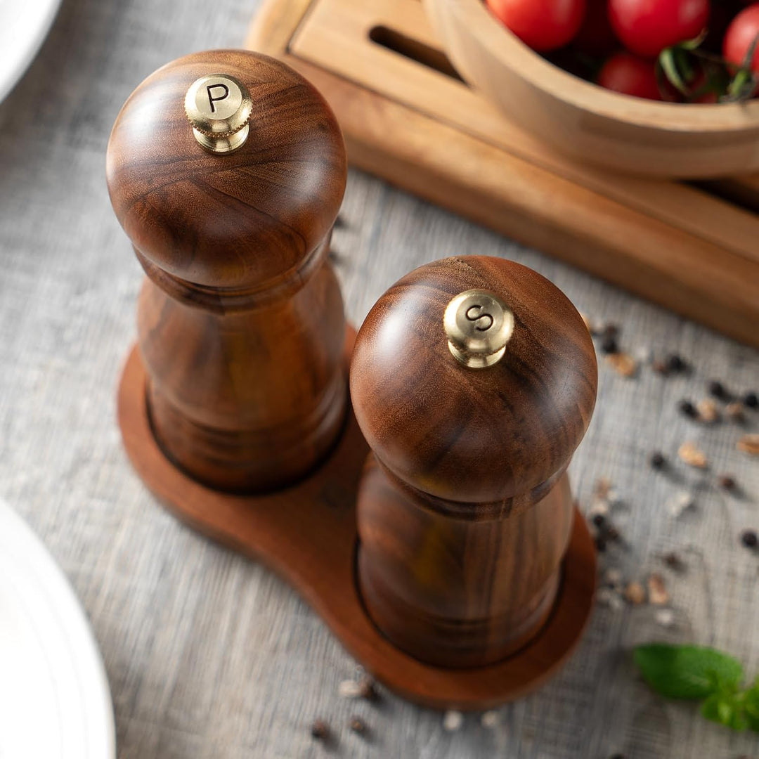 Salz und Pfeffermühle mit Tablett, Akazienholz Holz-Pfeffermühle, 2er-Set Manuelle Salz-Pfefferstreu
