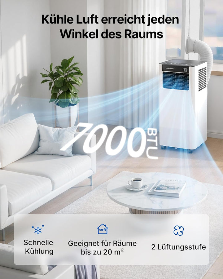 Mobile Klimaanlage 7000BTU 2,0Kw mit Abluftschlauch | 3-in-1 Mobiles Klimagerät | Fensterabdichtung
