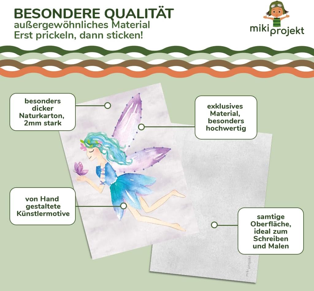 mikiprojekt® Prickelbilder Premiumqualität, Naturkarton - ab 4 Jahren mit Garn - Ausnähkarten – made