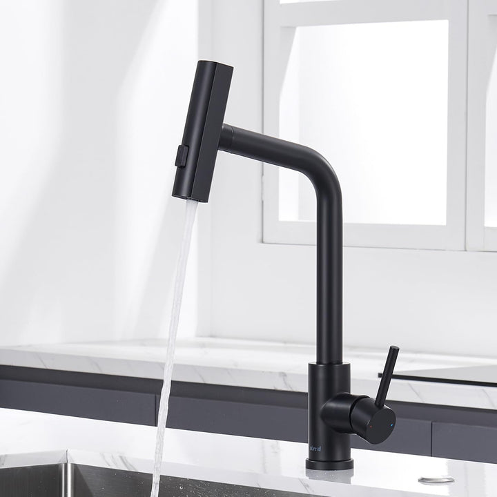 Wasserhahn Küche Schwarz, Küchenarmatur mit Brause Ausziehbar, Wasserfall Hochdruck Mischbatterie Ar