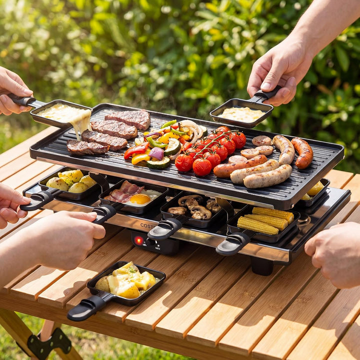 COSTWAY Raclette Grill für 8 Personen, elektrischer Grill mit 2-in-1 wendbarer Antihaft-Grillplatte