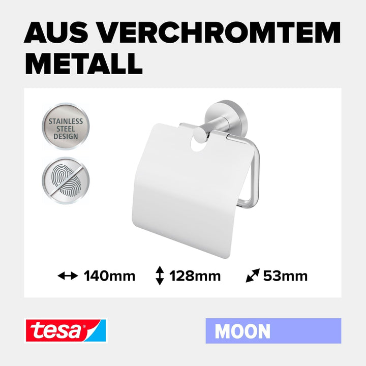 tesa Moon Toilettenpapierhalter mit Deckel, verchromt - WC-Rollenhalter zur Wandbefestigung ohne Boh