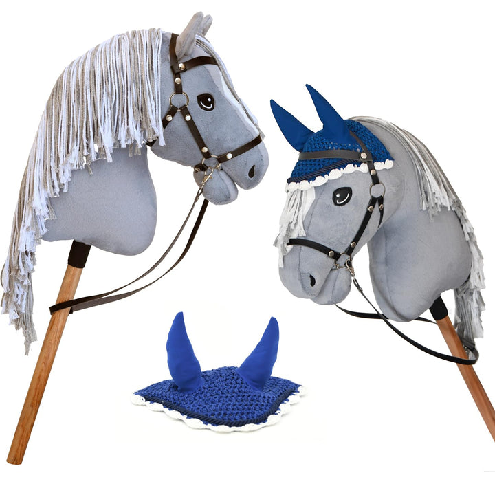 Hobby Horse grau A3, Pferd, komplett mit Netz, Gebiss, Zügel und blauer Insektenmütze, Pferdekopf fü
