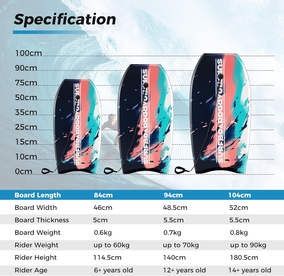 HOMASIS Leichtes Bodyboard, Surfbrett mit EPS-Kern, XPE-Deck, HDPE-Boden & Handgelenk-Leash, Surfboa