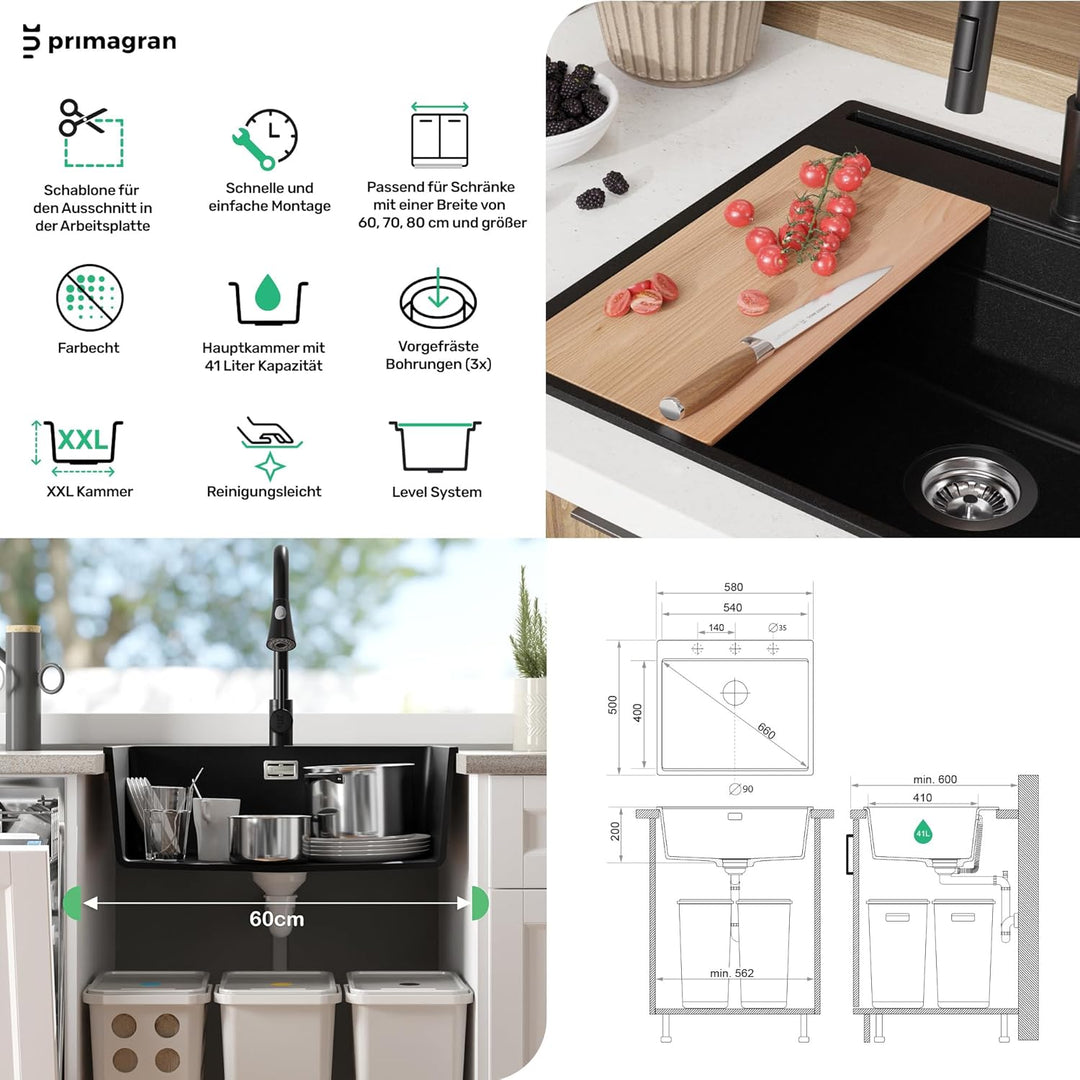 PRIMAGRAN Granitspüle Weiss 58x50cm, Spülbecken 1 Becken + Ablauf-Set + Küchenarmatur 32x20cm, Küche