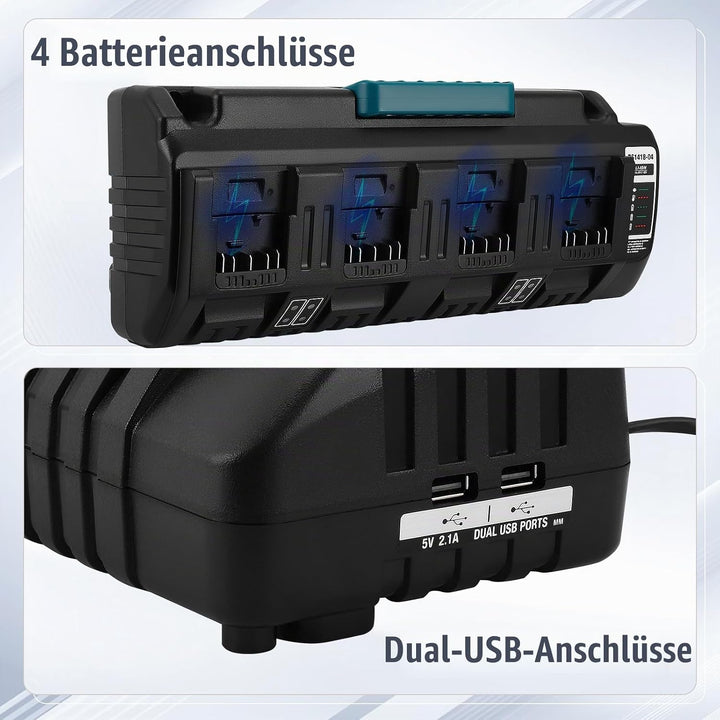 4‑Fach Akku‑Schnellladegerät mit Dual‑USB‑Anschlüssen | Für 14,4V‑18V Lithium‑Ionen‑Akkus, LED‑Anzei