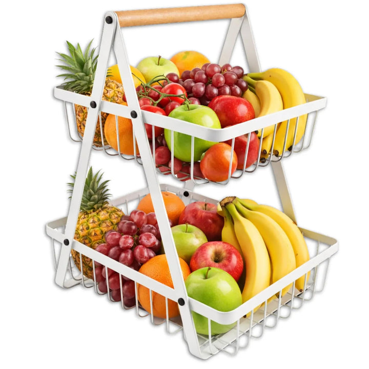 Zweistöckiger Obstkorb mit 2 Ebenen – Platzsparende Obstschale & Obsetagere aus Metall mit Holzgriff
