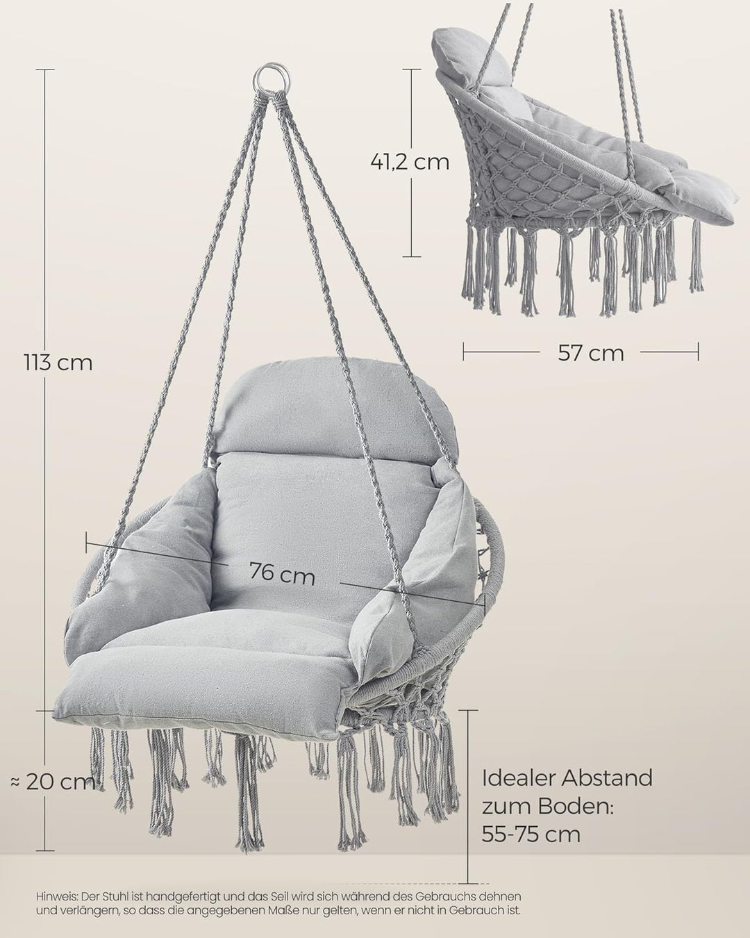 SONGMICS Hängesessel, Hängeschaukel, Hängestuhl, Dickes Kissen, skandinavischer Stil, für Wohnzimmer