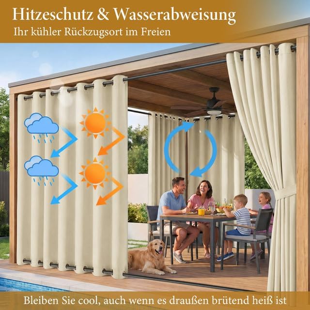 Rosnek Outdoor Vorhang Wetterfest Winddicht, Extra Breit Blickdicht Vorhänge mit Ösen Oben & Unten,