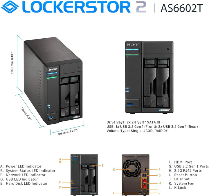 Asustor Lockerstor 2 AS6602T 2 Bay NAS - Netzwerkspeicher Gehäuse, Quad Core 2.0GHz CPU, 4GB RAM DDR