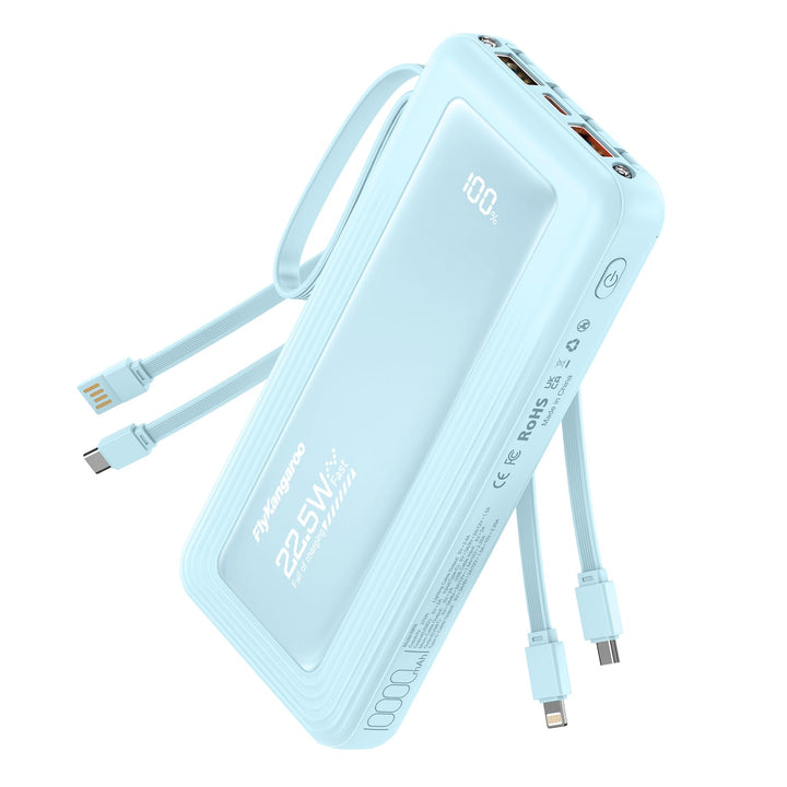 Powerbank mit integrierten Kabeln, 10000mAh, 22,5W Schnellladefunktion, USB-C LED-Anzeige, tragbares