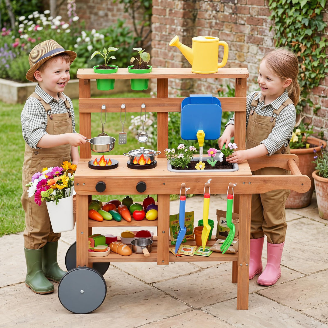 COSTWAY Matschküche Kinder Outdoor, Spielküche mit Wassertank &amp; Wasserhahn | Kinderküche mit Rädern,