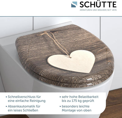 SCHÜTTE WC-Sitz Duroplast WOOD HEART, Toilettensitz mit Absenkautomatik und Schnellverschluss für di