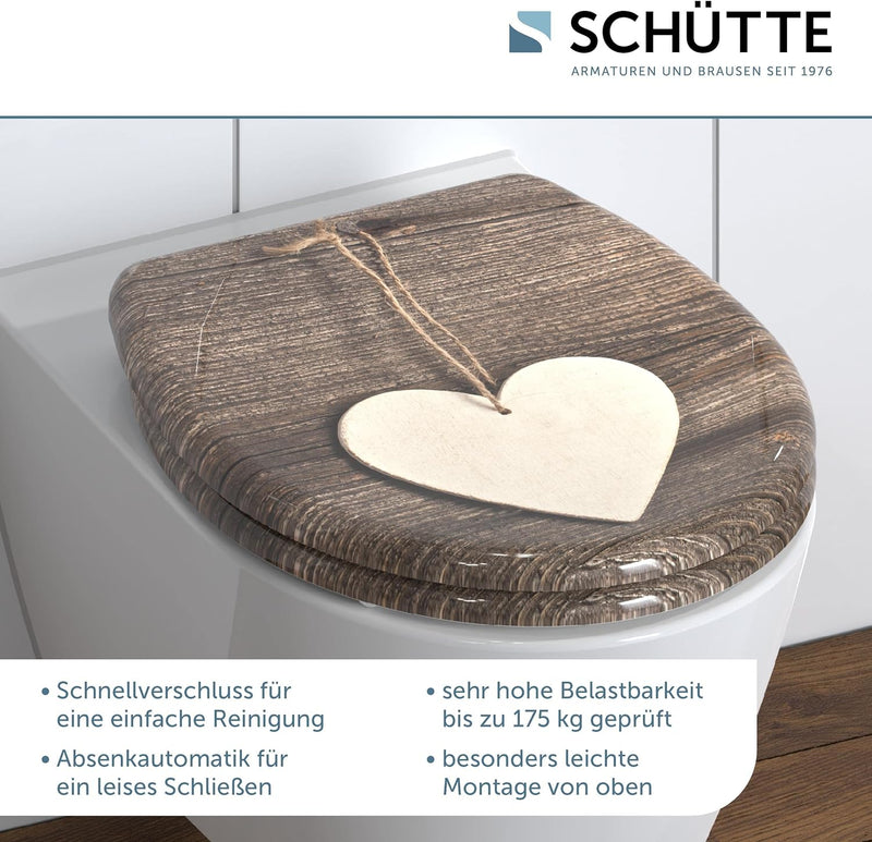 SCHÜTTE WC-Sitz Duroplast WOOD HEART, Toilettensitz mit Absenkautomatik und Schnellverschluss für di