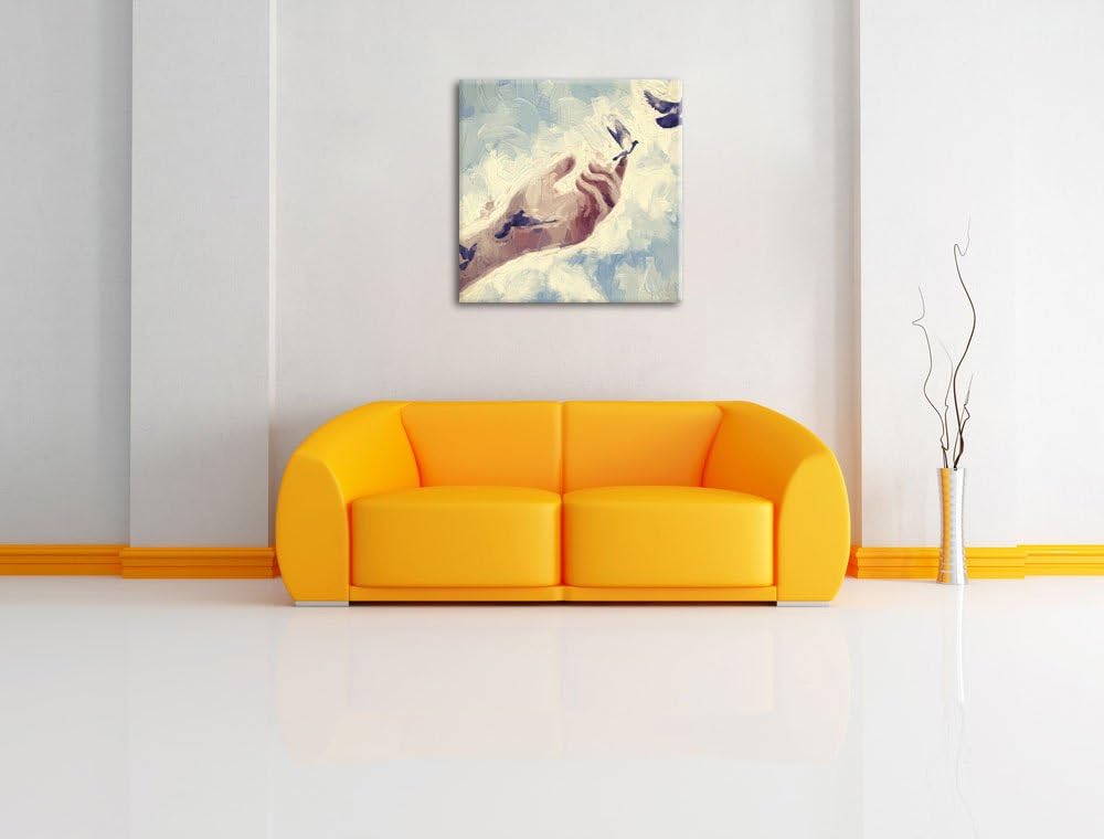Pixxprint Vögel fliegen in die Freiheit Pinsel Effekt, Format: 70x70 auf Leinwand, 70x70