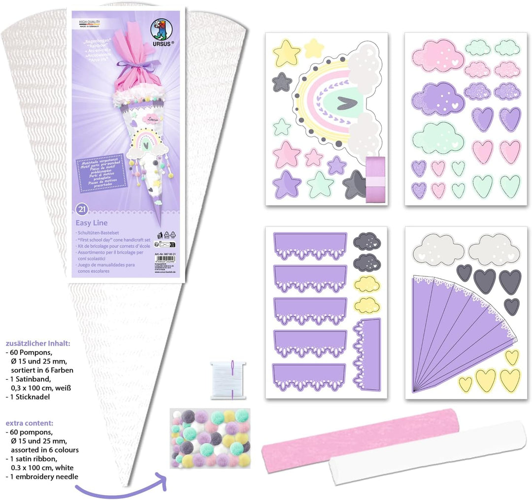 Ursus 9870021 - Schultüten-Bastelset Easy Line Regenbogen, Lila, 6-eckig, vorgestanzte 3D-Colorwellp