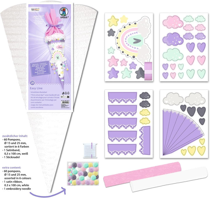 Ursus 9870021 - Schultüten-Bastelset Easy Line Regenbogen, Lila, 6-eckig, vorgestanzte 3D-Colorwellp
