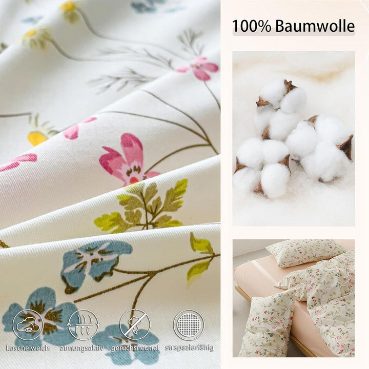 Tospass Baumwolle Bettwäsche Set 135x200cm 2teilig Beige Rosa Bunt Blumen Floral Wende Bettwäsche Bl