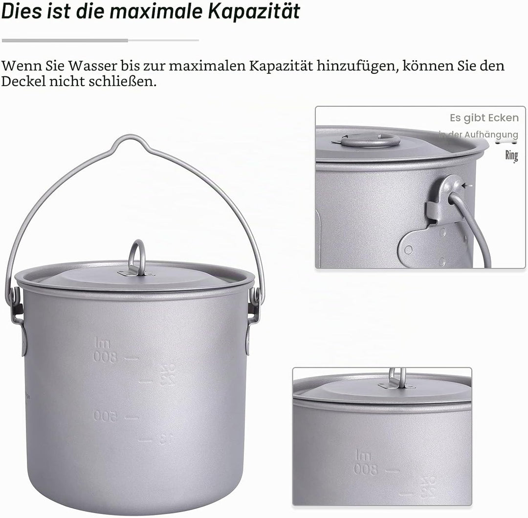 iBasingo Titan Topf Camping Becher 750ml/900ml/1100ml/1250ml Hängetopf Leichtes Kochgeschirr Tragbar