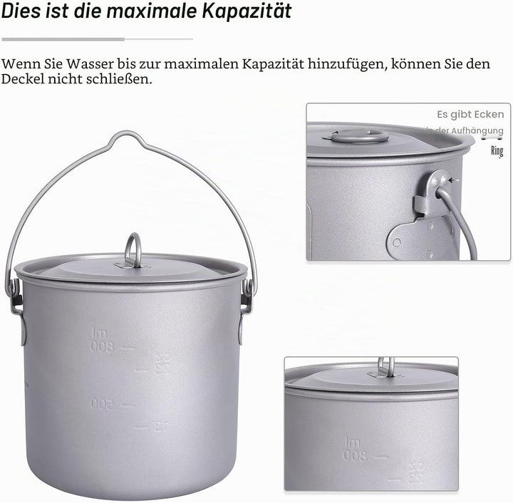 iBasingo Titan Topf Camping Becher 750ml/900ml/1100ml/1250ml Hängetopf Leichtes Kochgeschirr Tragbar