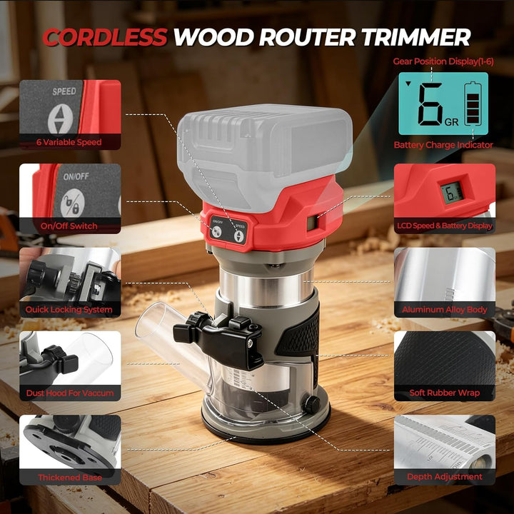 Bürstenloser kabelloser Power-Router kompatibel mit Milwaukee M18 18 V, Kantenschneider mit 6 Geschw