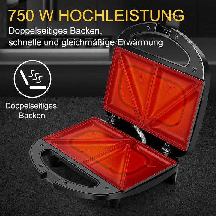 YASHE Sandwichmaker für 2 Sandwiches, Sandwichtoaster 750W mit Antihaftbeschichtung, schnelles Aufhe