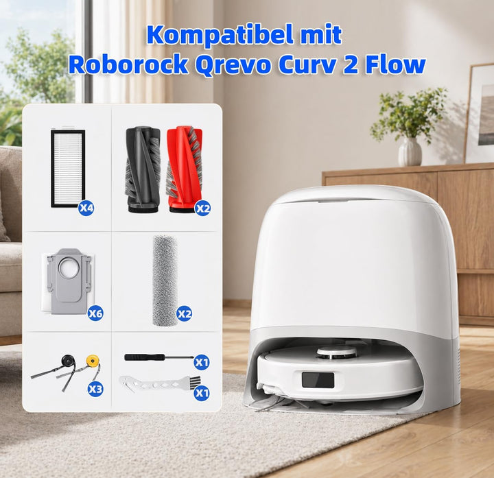 24 Stück Zubehör für Roborock Qrevo Curv 2 Flow Saugroboter mit 2 Paar Hauptbürsten, 2 Wischrolle, 4