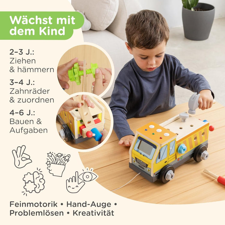 Nene Toys Montessori Busy Board LKW – FSC® Holz Werkzeugkoffer &amp; Schraubbrett mit 3 LED-Schaltern, S