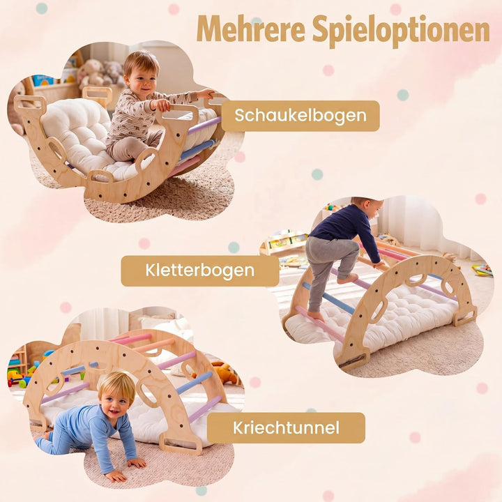 COSTWAY Kletterbogen Holz mit Kissen, Montessori Kletterwippe, Kletterdreieck zum Wippen, Klettern u