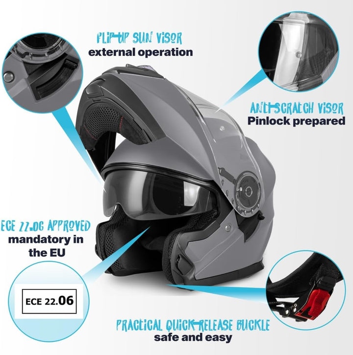 VINZ Santos Klapphelm mit Sonnenblende | ECE 22.06 & PINLOCK vorbereitet | Motorrad Helm Integralhel