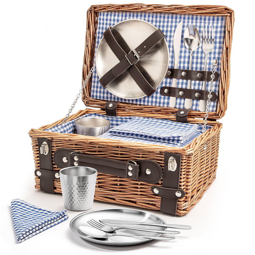 Weiden-Picknickkorb für 2 Personen, Weidenkorb mit Wasserfester Picknickdecke und Besteckset (Hellbr