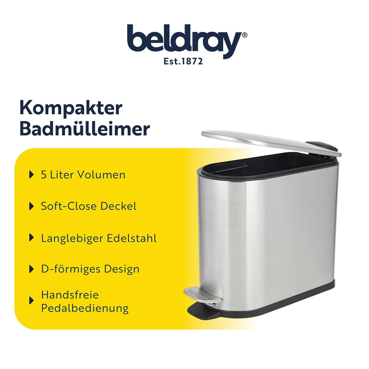 Beldray Badezimmer Pedalbehälter – 5 Liter Toilettenbehälter, Soft-Close-Deckel mit Pedal, D-förmige