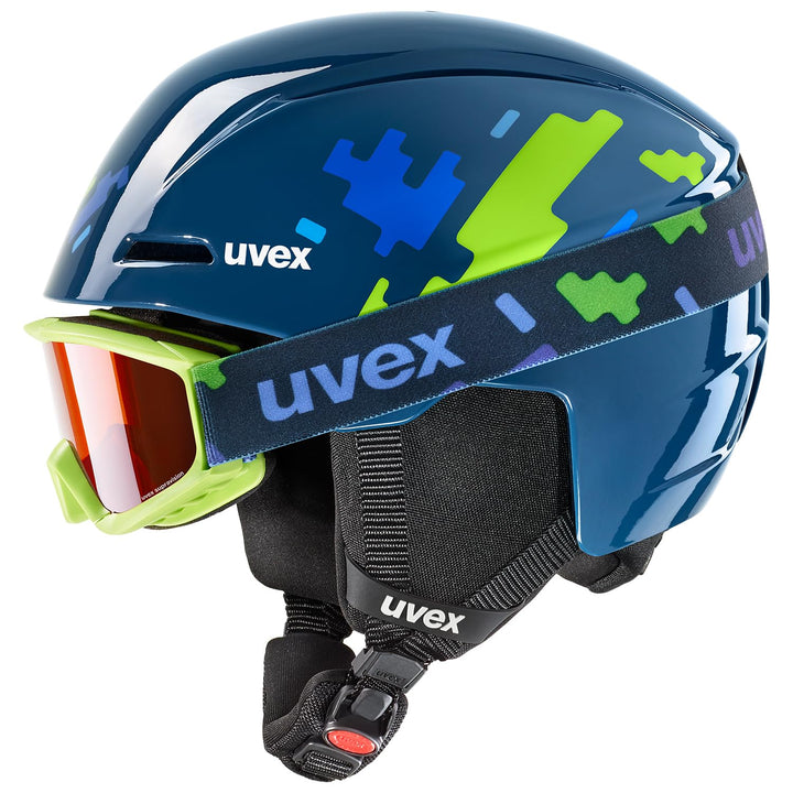 uvex Unisex Kinder S56s317 Skihelm &amp; Skibrille Single 46-50 cm blue puzzle, Single 46-50 cm blue puz