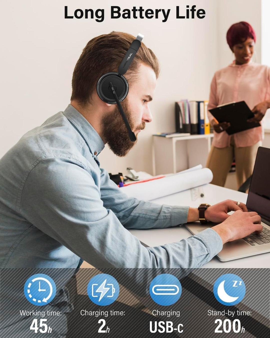MONODEAL Bluetooth Headset mit Mikrofon, Wireless Headset mit AI-Geräuschunterdrückung Und Stummscha