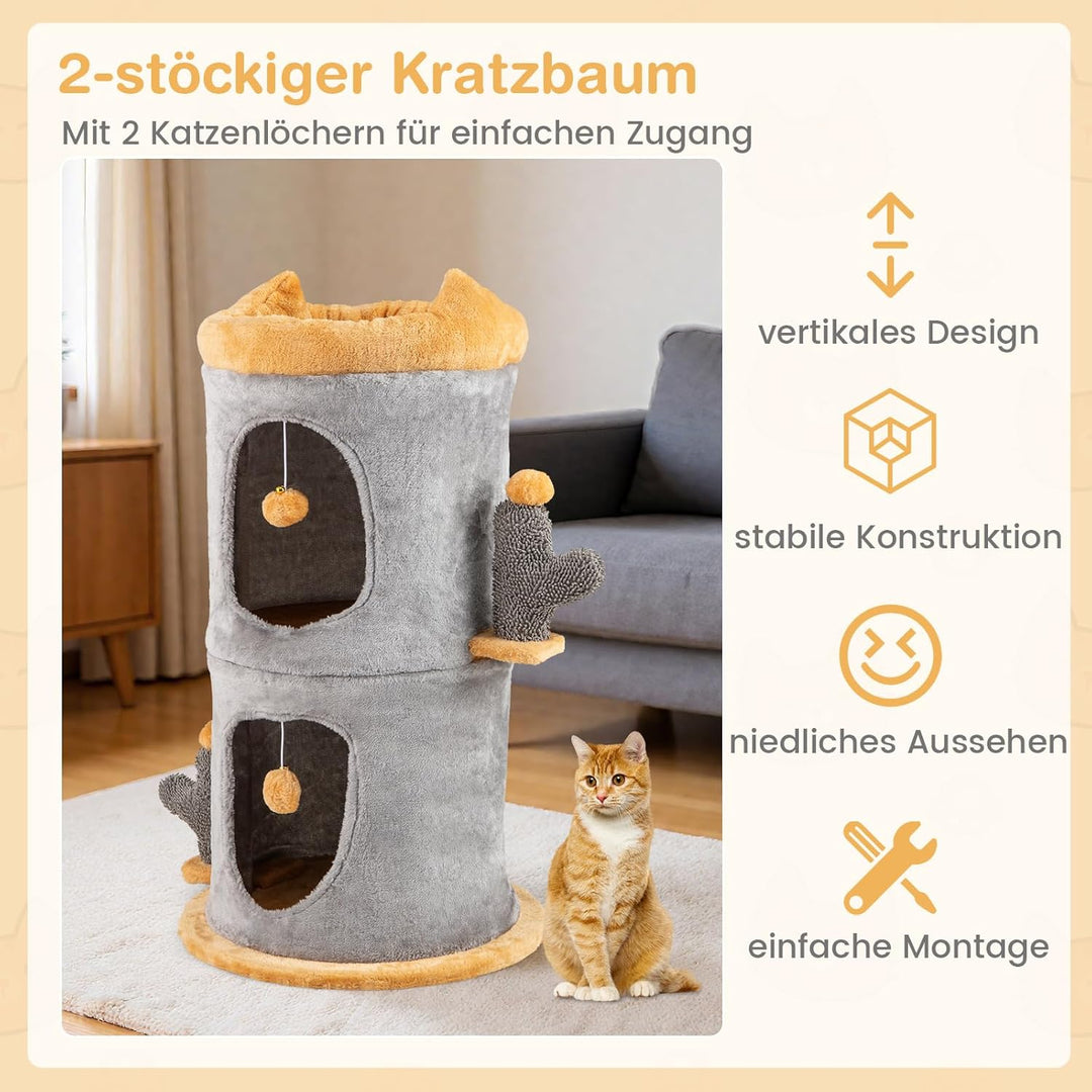 GYMAX Kratztonne Ø 48 cm, Höhe 83 cm, Katzentonne mit 2 Höhle, gepolstertem oberen Sitzbrett & 2 Spi
