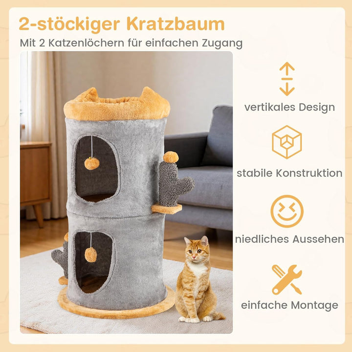 GYMAX Kratztonne Ø 48 cm, Höhe 83 cm, Katzentonne mit 2 Höhle, gepolstertem oberen Sitzbrett & 2 Spi