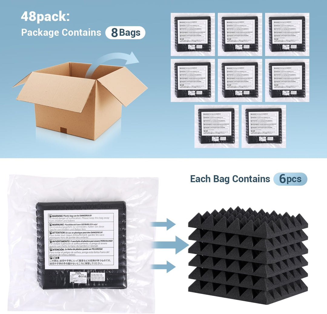 Ohuhu Akustikschaumstoff Noppenschaumstoff 48 Stück mit Aufkleber, Schallabsorber Akustik Schaumstof