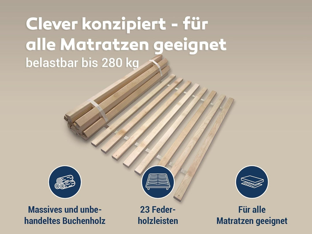 Madera Rollrost XXL mit 23 extra stabilen Leisten aus massiven Buchenholz, belastbar bis ca. 280 kg