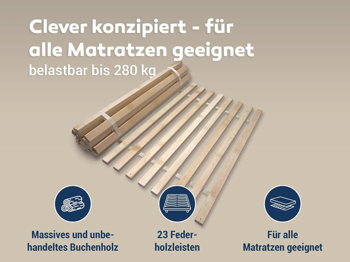 Madera Rollrost XXL mit 23 extra stabilen Leisten aus massiven Buchenholz, belastbar bis ca. 280 kg