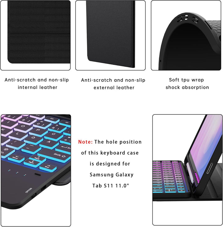 für Samsung Galaxy Tab S11 2025 Hülle mit QWERTZ Tastatur - Regenbogen-Hintergrundbeleuchtung Magnet
