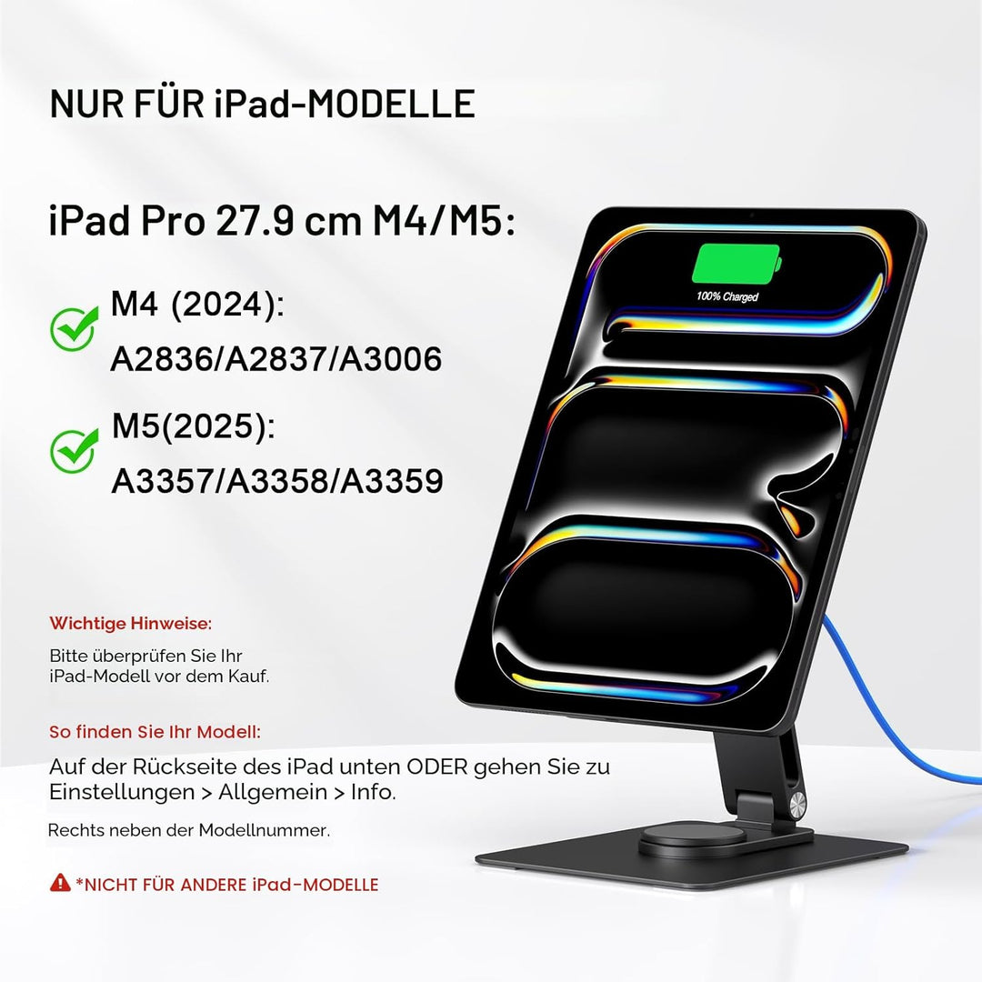 Magnetischer Tablet-Ständer mit kabelloser Ladefunktion, 18 W, 360° drehbarer Aluminiumhalter für iP
