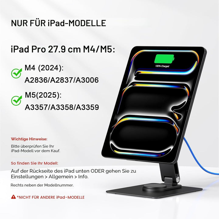 Magnetischer Tablet-Ständer mit kabelloser Ladefunktion, 18 W, 360° drehbarer Aluminiumhalter für iP