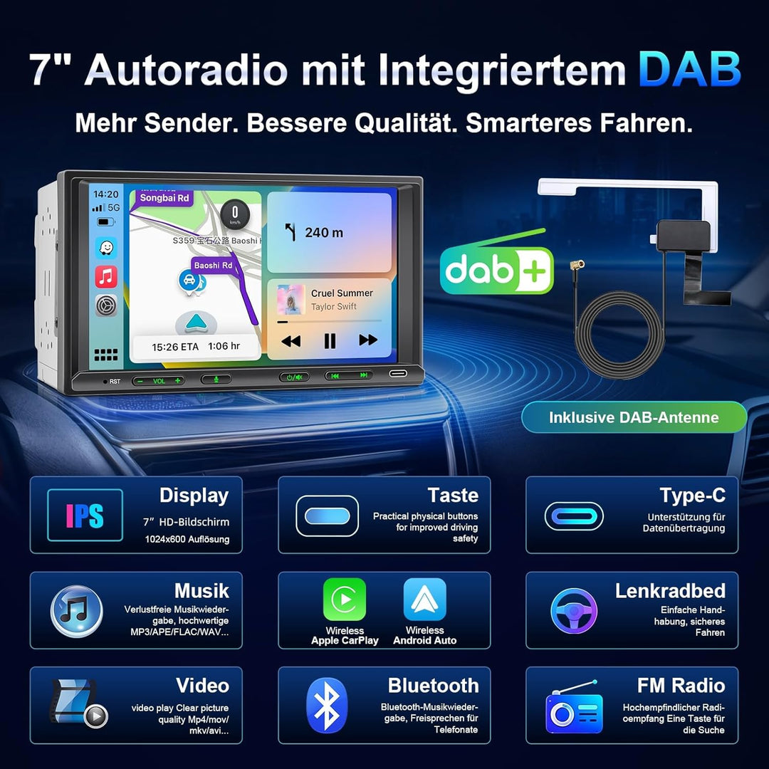 Doppel Din Radio mit Wireless CarPlay & Wireless Android Auto, Autoradio mit Navi 7 Zoll Bildschirm,