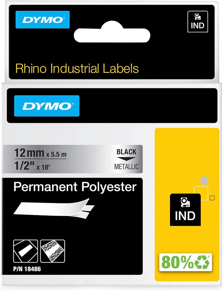DYMO Rhino Industrie Permanente Polyesteretiketten | 12 mm x 5,5 m | Schwarz auf Metallic | selbstkl