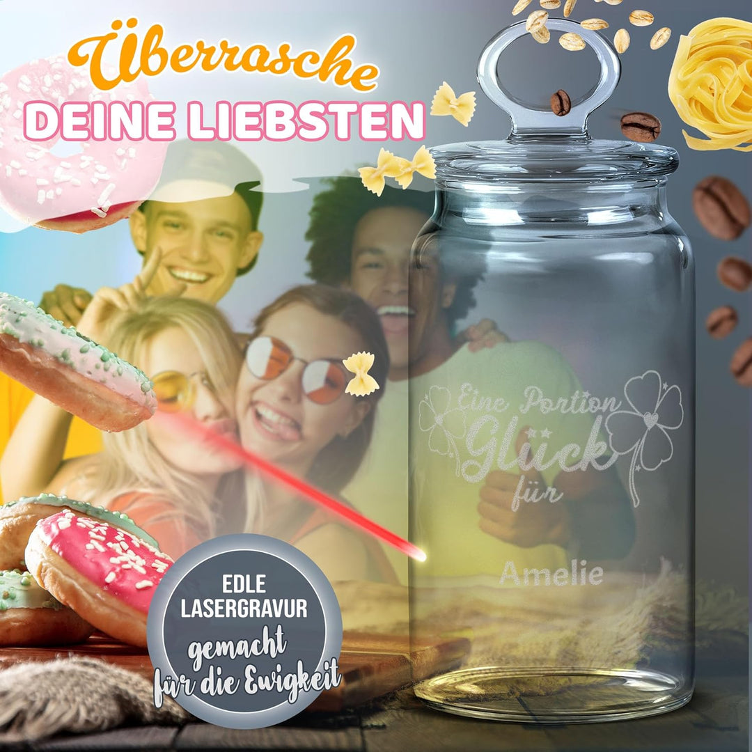 Print Royal PR Personalisierte Keksdose aus Glas mit Gravur - 1100 ml - Eine Portion Glück mit Name