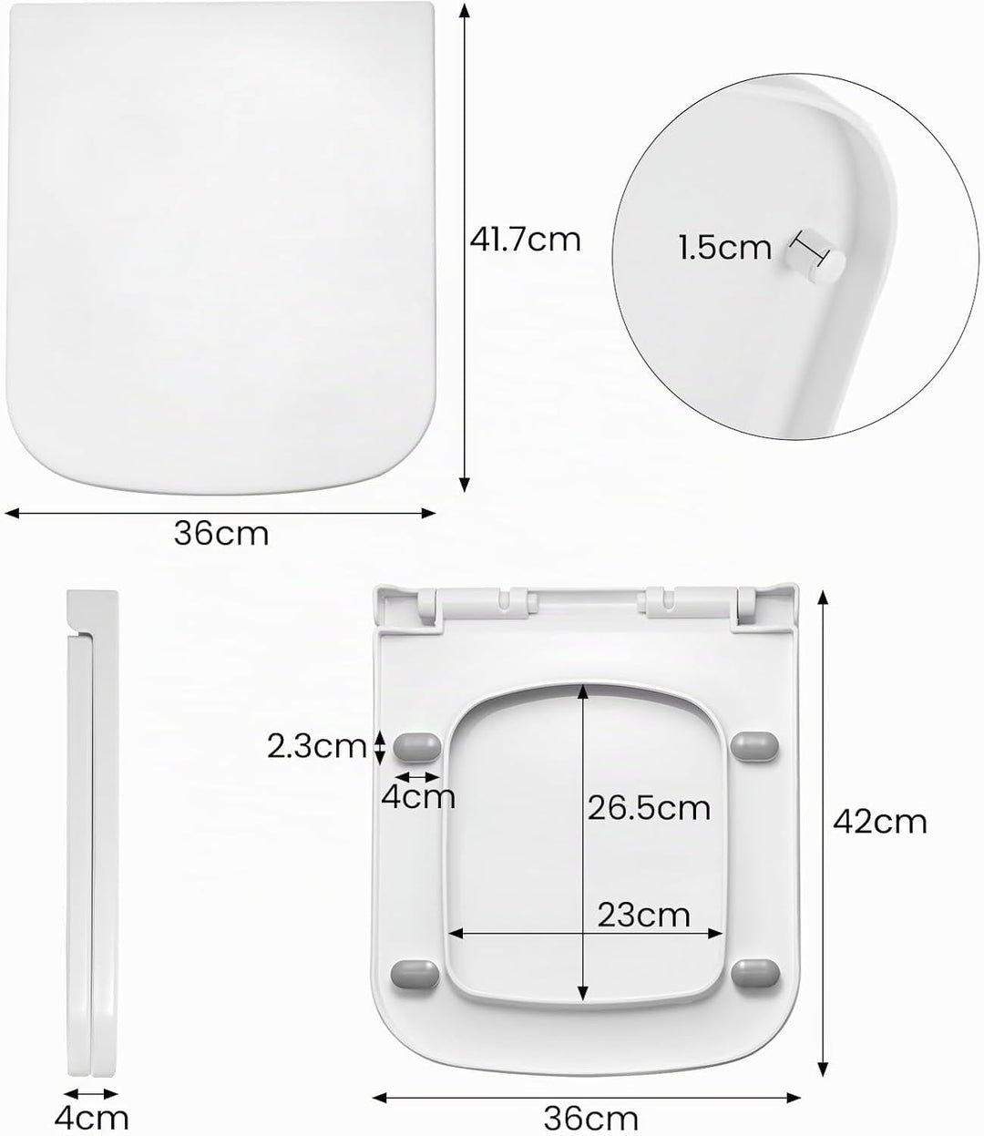 Toilettendeckel Eckig 36x42x4 cm mit Absenkautomatik &amp; Montageset – Quadratischer WC-Sitz Weiss, Sof