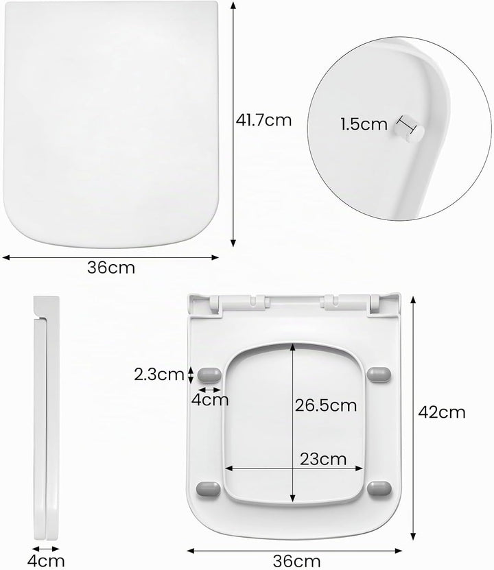 Toilettendeckel Eckig 36x42x4 cm mit Absenkautomatik &amp; Montageset – Quadratischer WC-Sitz Weiss, Sof